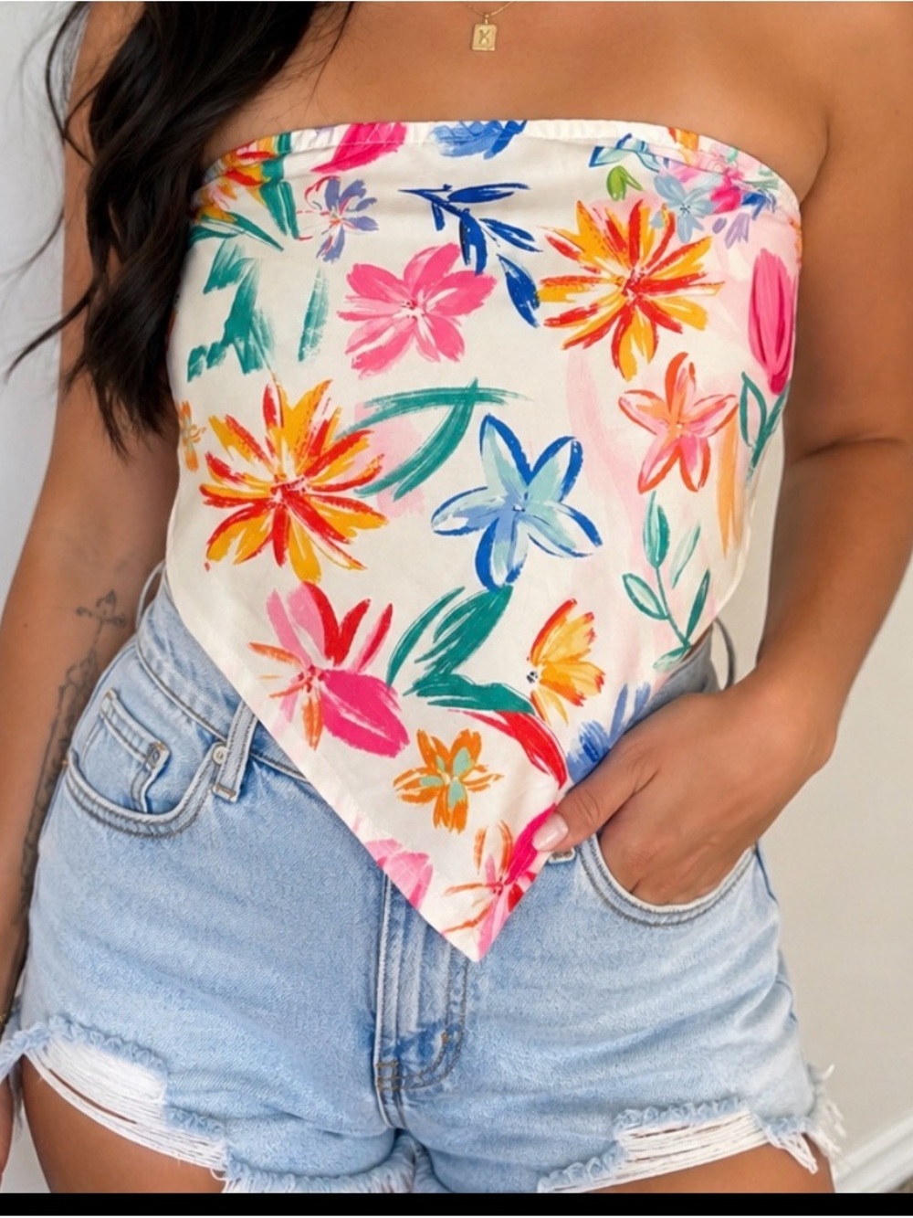 SHEIN Cream Floral Bandana Tube Top with Pink, Orange, Blue & Green Print